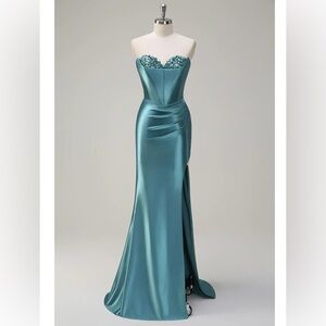 Sparkly Teal Satin Mermaid Prom Dress